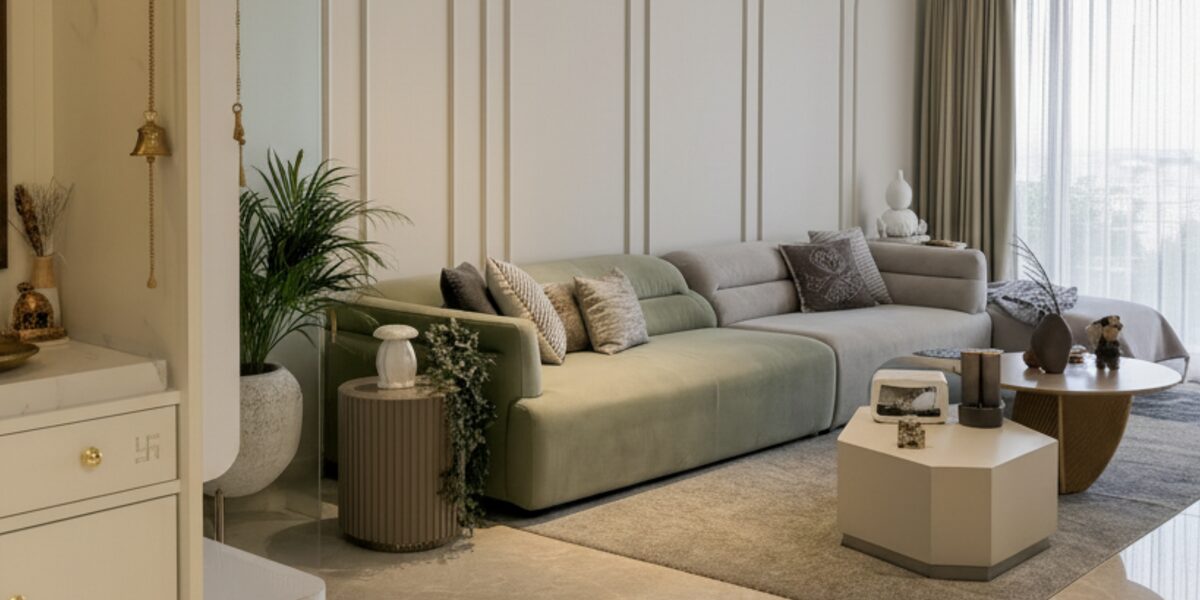 Sala de estar clara, com sofá verde-sálvia e plantas